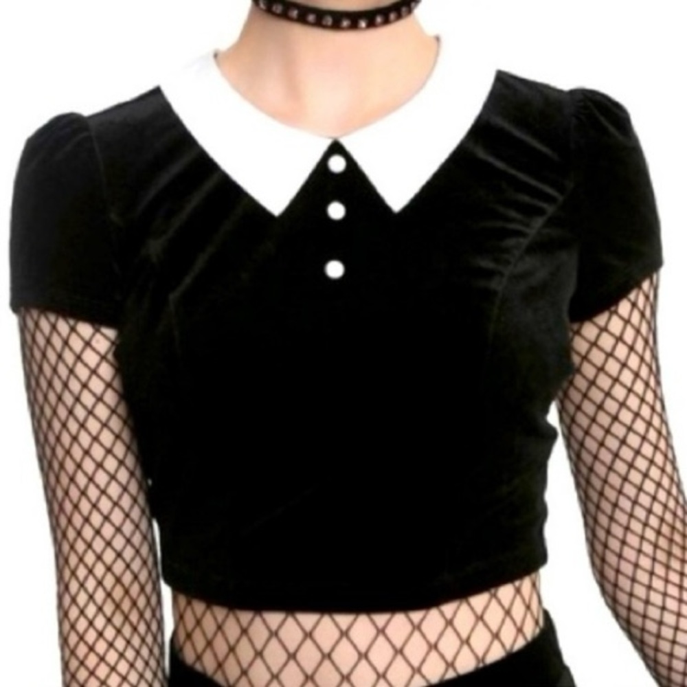 Velvet Goth Crop Top w/ White Collar & Buttons by Hot Topic